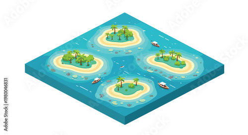 3D isometric view flat style illustration of Maldives atols tropical island resort with wooden villas over water, boats, and palm trees, representing luxury travel destination and beach tourism