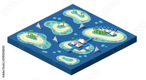 3D isometric view flat style illustration of Maldives atols tropical island resort with wooden villas over water, boats, and palm trees, representing luxury travel destination and beach tourism