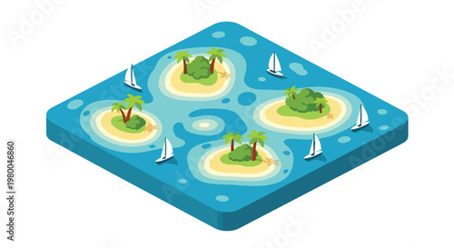 3D isometric view flat style illustration of Maldives atols tropical island resort with wooden villas over water, boats, and palm trees, representing luxury travel destination and beach tourism