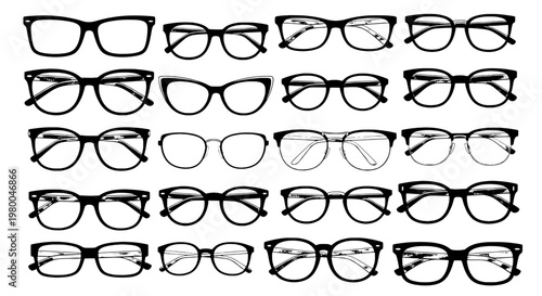 Glasses eyewear icon set with different frames and lens shapes for fashion, style, and accessory design