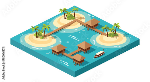 3D isometric view flat style illustration of Maldives atols tropical island resort with wooden villas over water, boats, and palm trees, representing luxury travel destination and beach tourism