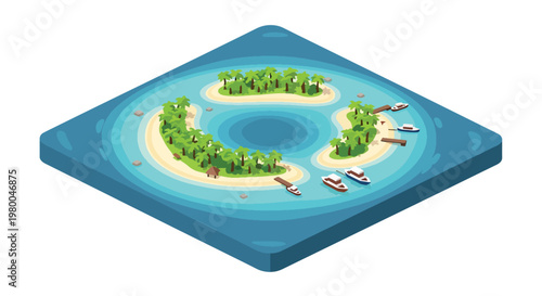 3D isometric view flat style illustration of Maldives atols tropical island resort with wooden villas over water, boats, and palm trees, representing luxury travel destination and beach tourism