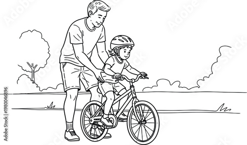 A heartwarming sketch depicts a father teaching his young daughter to ride a bicycle outdoors