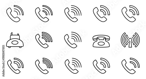 Phones icon set with various designs and wireless signals featuring icons, signal, communication with technology and mobile elements for landline,
