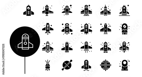 Collection of diverse spaceship and spacecraft icons in a clean, modern vector style