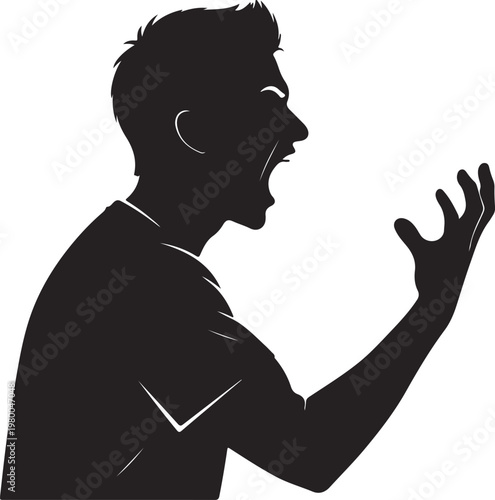 Silhouette of an angry man yelling with fist raised shouting frustrated aggressive outburst silhouette frustration