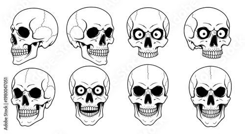 Skull cartoon face icon set with glasses, white background, vector style, clean outlines, spooky halloween decoration design