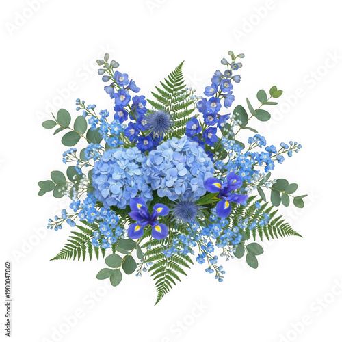 Vibrant blue hydrangea flower bouquet with green leaves isolated on transparent background