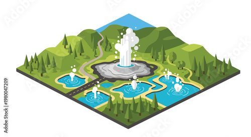 3D isometric view flat style illustration of Yellowstone National Park, geothermal landscape with geysers, mountains, forests, and water features, park environment and volcanic terrain