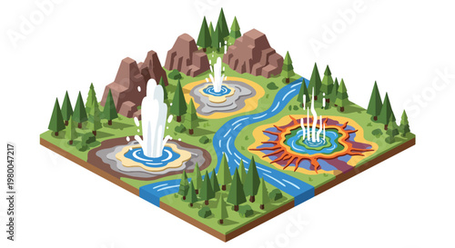 3D isometric view flat style illustration of Yellowstone National Park, geothermal landscape with geysers, mountains, forests, and water features, park environment and volcanic terrain