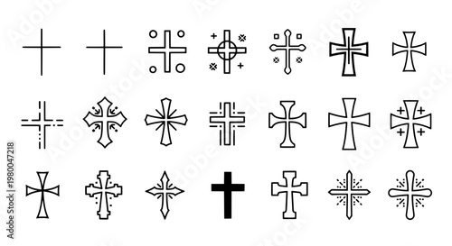 Crosses religious symbols set with various designs and patterns featuring black and white, vector, Christian symbol with faith and spirituality
