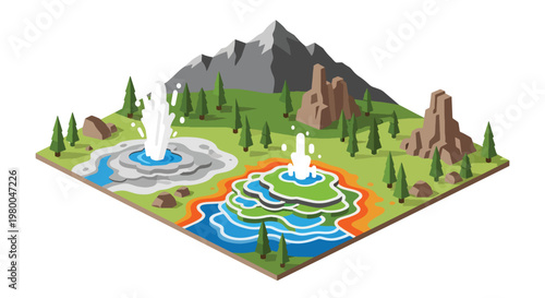 3D isometric view flat style illustration of Yellowstone National Park, geothermal landscape with geysers, mountains, forests, and water features, park environment and volcanic terrain