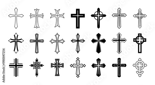 Crosses religious symbols set with various designs and styles featuring black, white, grayscale with Christian and faith elements for spirituality,