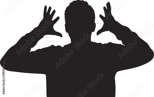 Silhouette of a man with hands raised in shock or fear surprise silhouette distress frightened startled astonished