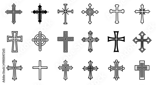 Crosses religious symbols set with intricate designs and patterns featuring black and white, vector, faith icons with cross illustrations and cross