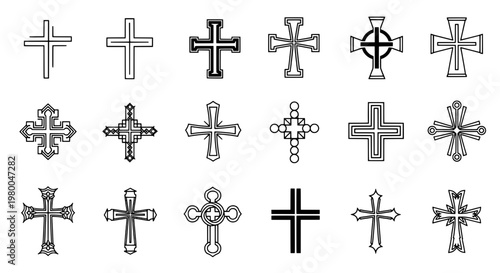 Crosses religious symbols set with various designs and styles featuring black, white, detailed with intricate and simple elements for classic, modern