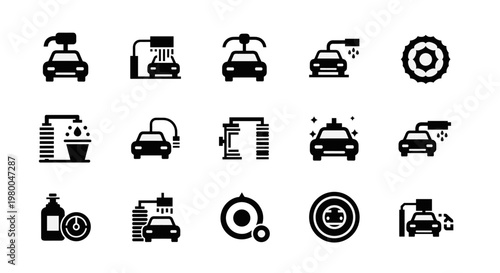 Collection of car wash icons representing various cleaning and detailing services