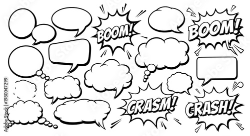 Speech bubbles and sound effects with boom and crash in black and white featuring comic, illustration, graphic with text and dialogue elements for