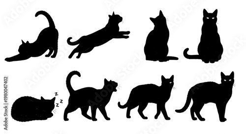 Cat animal silhouette set of black feline icons with different poses and sleeping gestures for stickers and design