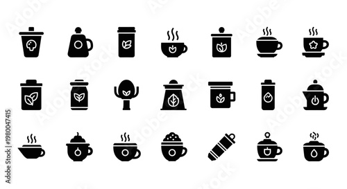 Collection of black icons representing tea and coffee drinks and related items