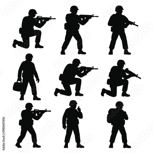 Silhouettes of soldiers in various poses with guns and equipment on white background
