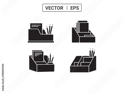 Office desk organizer icons set with paper folders and pencil holders in various angles.