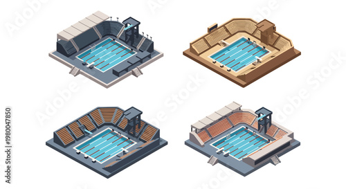 3D isometric view flat style illustration of indoor swimming pool arenas with diving platforms, spectator seating, and competition lanes, designed for professional aquatic sports events