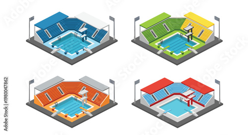 3D isometric view flat style illustration of indoor swimming pool arenas with diving platforms, spectator seating, and competition lanes, designed for professional aquatic sports events