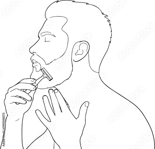 Line drawing of a man shaving his beard with a razor personal care white background one person male grooming