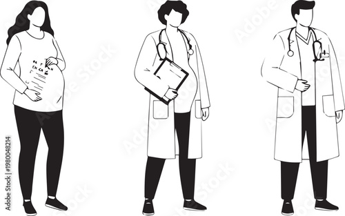 Pregnant woman consulting with two medical professionals