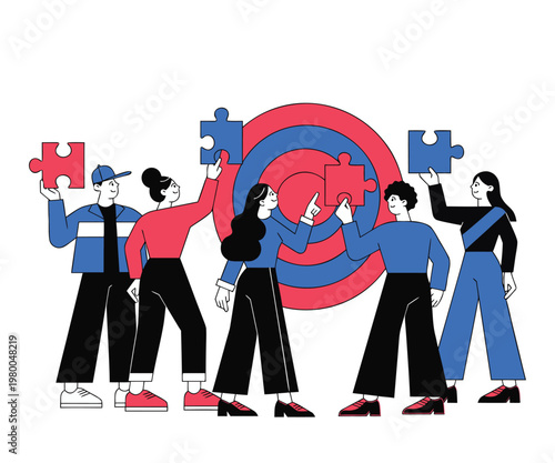 Business professionals working together around a large target bullseye to reach their strategic goals and team success