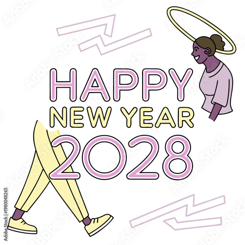 Happy new year 2028 celebration with a smiling woman dancing and hula hoop