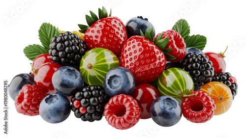 Fresh mixed berries and fruits isolated on transparent background
