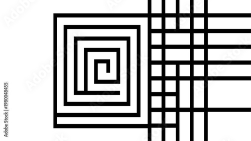 Abstract geometric spiral and grid pattern black and white line art geometric abstract monochrome minimalist contrast