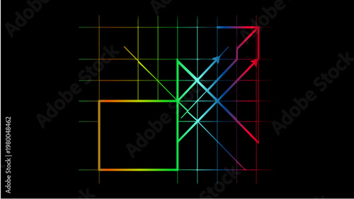 Abstract geometric lines and shapes with rainbow gradient on black background light effects abstract geometric gradient