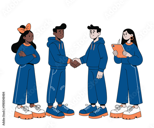 Vector illustration of two men shaking hands while two women observe to represent a corporate team agreement