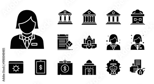Collection of financial and business icons representing services and professionals