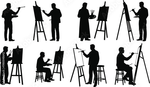 Artist silhouettes set with painters holding brushes and palettes working on easels for creative studio concepts