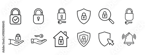 Security and padlock web line icons set featuring home protection, shield lock, verified safety, alarm bell, search security, and more Vector Illustration with editable stroke.