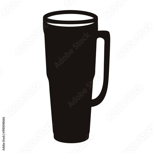 Silhouette of a tall insulated travel mug with handle on white backdrop