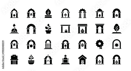 Collection of garden and architectural icons featuring arches, plants, and structures