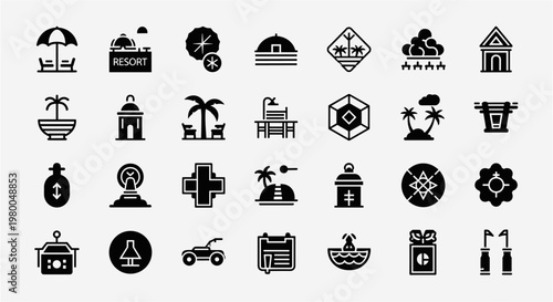 Collection of resort and travel icons for vacation and leisure activities