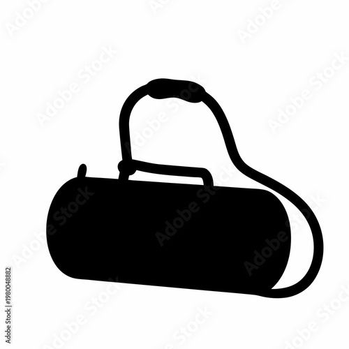 Black silhouette illustration of a classic cylindrical duffel bag with shoulder strap