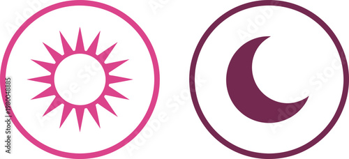 Pink sun and dark purple moon icons representing cycle of day and night in simple style