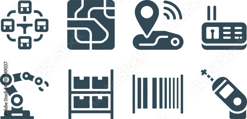 Set of dark icons representing modern logistics supply chain automation and advanced digital network communication systems