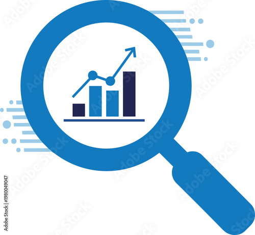 Business analytics concept magnifying glass with growth chart graph analyzing data strategy.