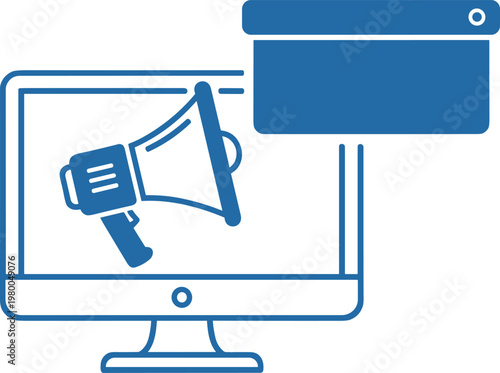 Computer monitor displaying megaphone for online digital advertising and internet marketing concept.
