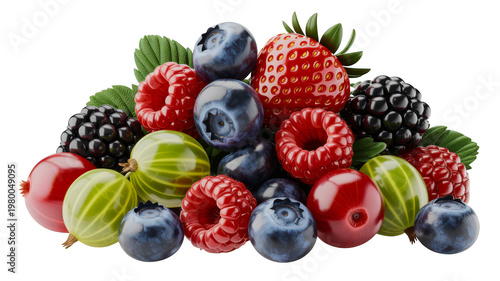 Fresh mixed berries and gooseberries isolated on transparent background