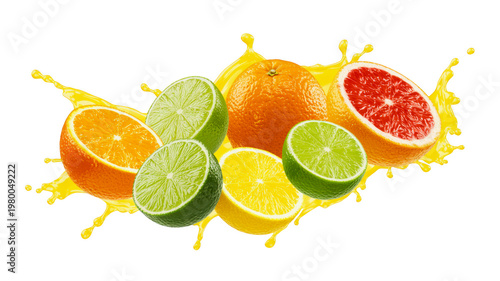 Fresh citrus fruits with juice splash isolated on transparent background