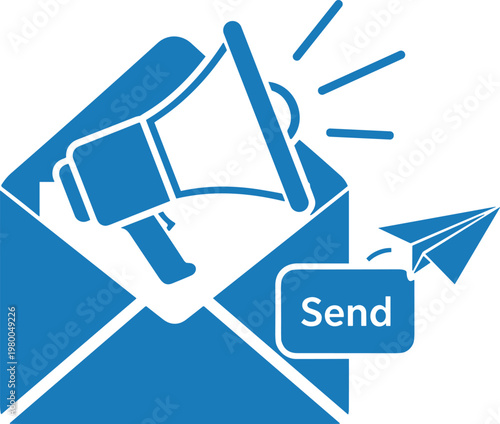 Email marketing campaign newsletter icon with megaphone and paper plane inside envelope vector sign.
